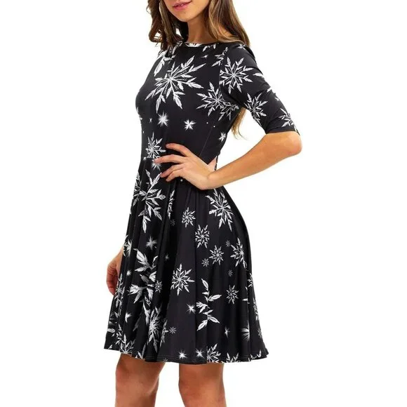 Women's Ugly Christmas Santa Black Dress Snowflake Holiday Print Dress for  Xmas